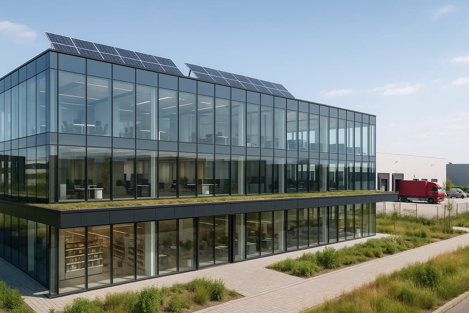 Modern Belgisch commercieel pand met glazen gevel, duurzame elementen en kantoren boven winkels.