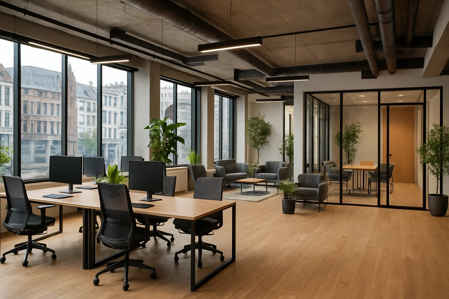 Moderne coworkingruimte in Antwerpen met open werkplekken, glazen vergaderruimtes en veel daglicht.