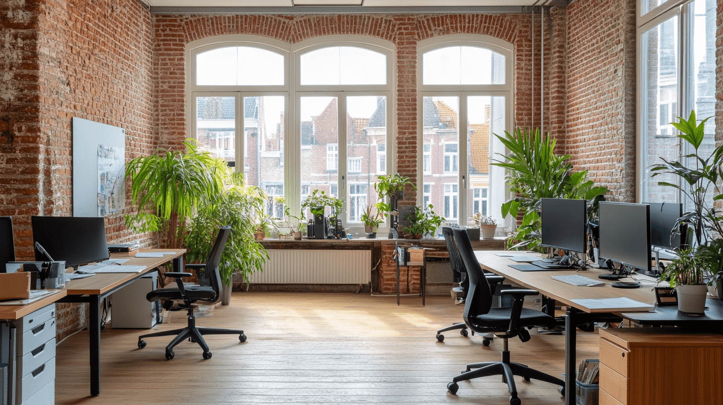 Kantoorruimte in België met ergonomische bureaus, veel daglicht en een inspirerende werkomgeving