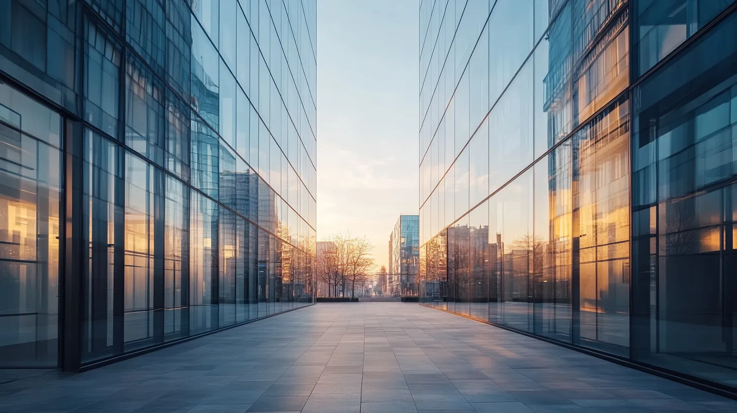Modern zakencentrum in België met strakke glazen gebouwen en stijlvolle kantoorruimtes, zonder mensen, professionele uitstraling