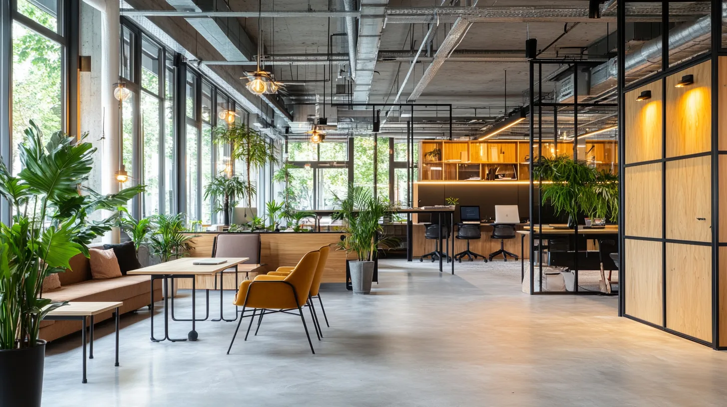 Moderne coworkingruimte in België met stijlvolle meubels en open werkplekken, zonder mensen