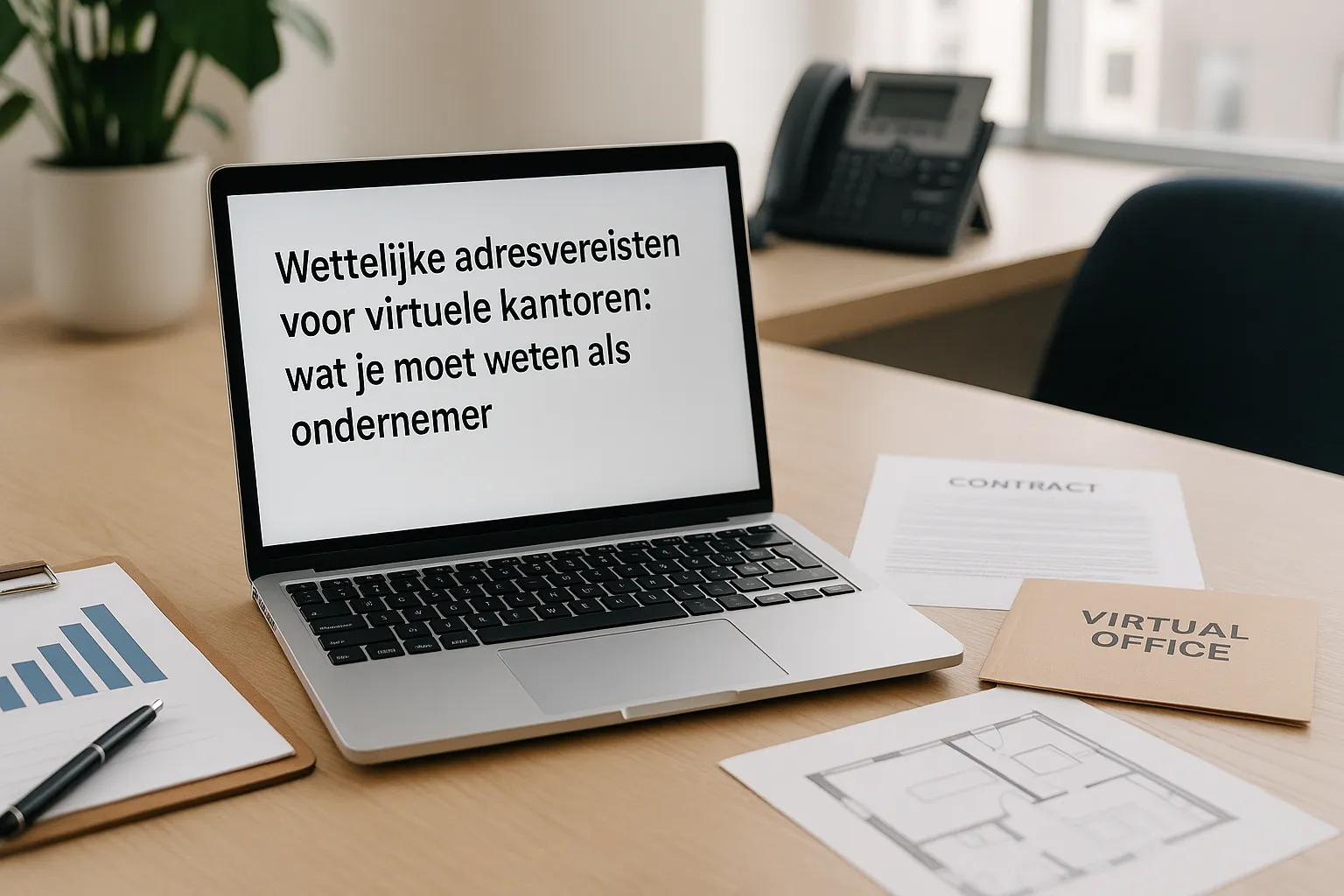 Modern kantoor met laptop, contract en mapje ‘Virtual Office’ voor juridisch correct virtueel bedrijfsadres