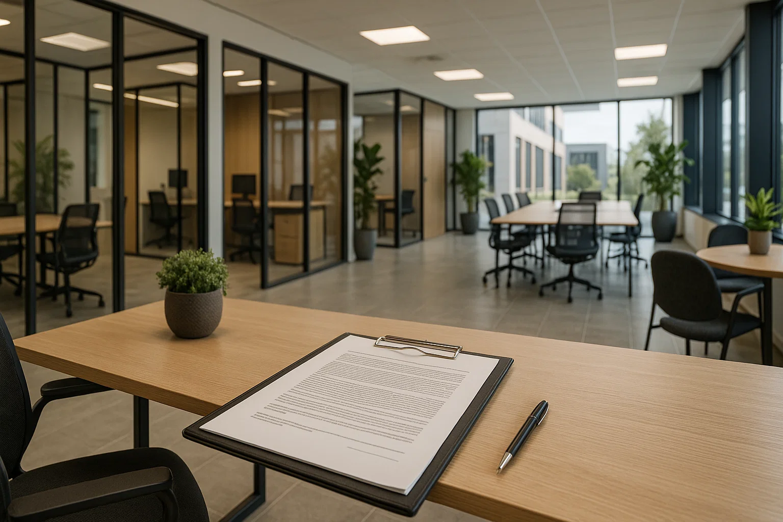 Modern Belgisch bedrijvencentrum met flexibele kantoorruimtes en leasecontractdocumenten op een bureau