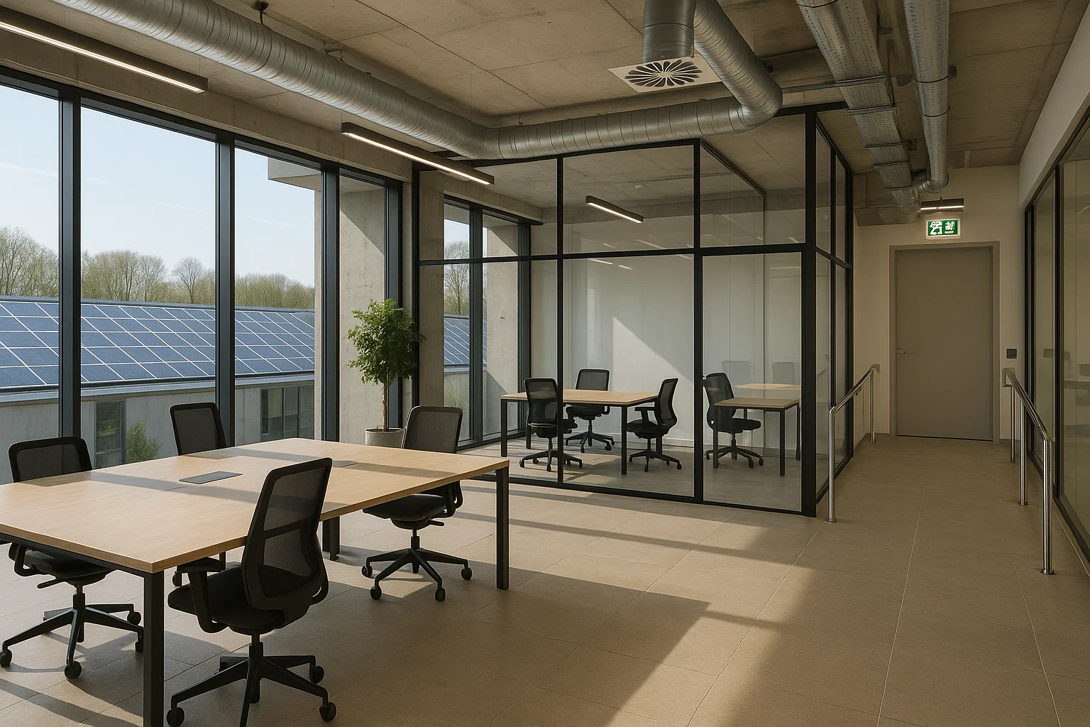 Modern Belgisch business center met duurzame kantoorruimte, glazen scheidingswanden, ergonomische inrichting en energie-efficiënte voorzieningen die voldoen aan bouwvoorschriften.