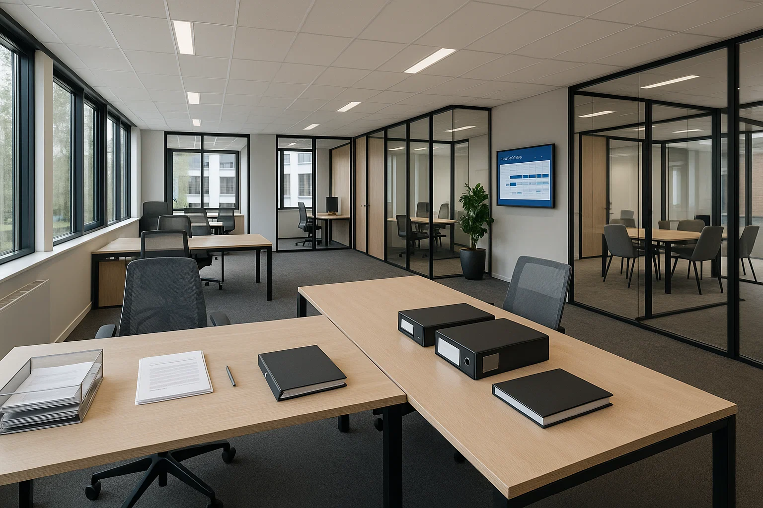 Moderne Nederlandse kantoorruimte met flexibele indeling, vergaderruimtes en duurzame inrichting die juridische en administratieve zorgvuldigheid weerspiegelt.