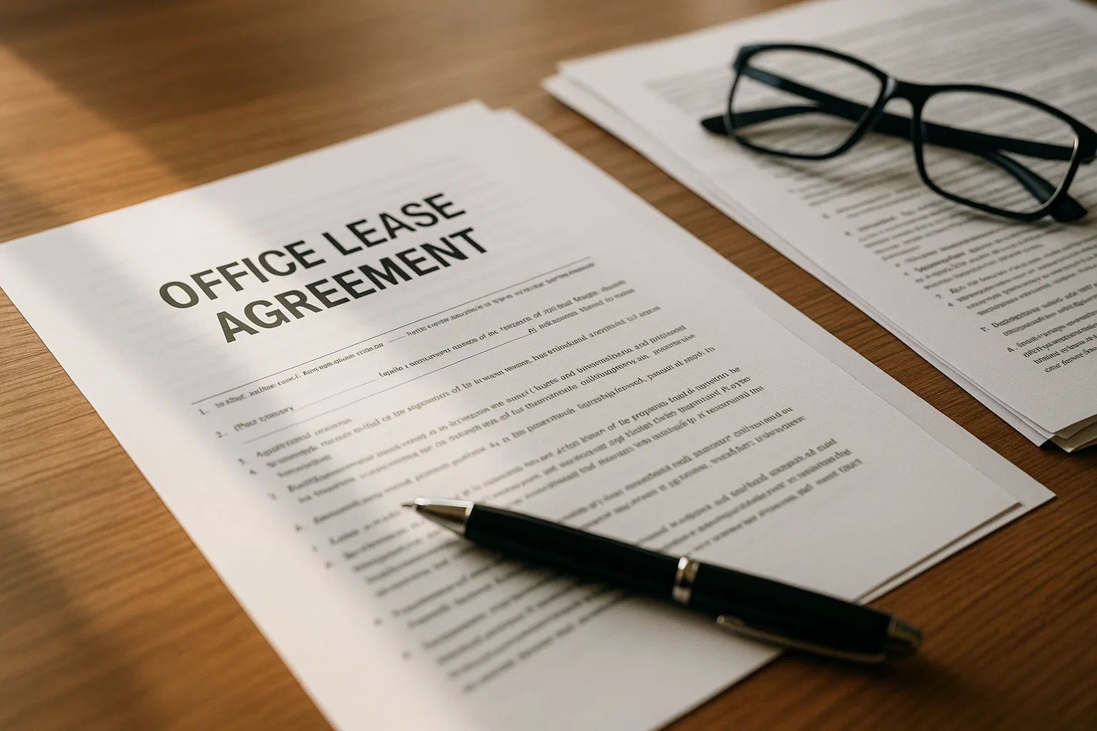 Fotorealistische close-up van juridische documenten en pen op een modern bureau, symbool voor het vermijden van valkuilen in commerciële leasecontracten.