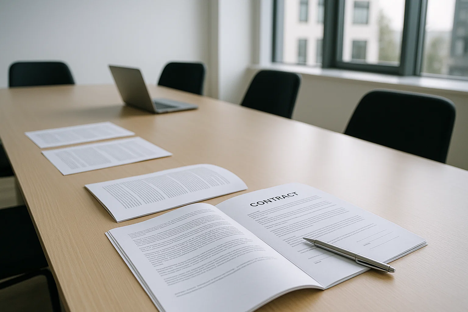 Fotorealistische close-up van open leasecontracten en vergadertafel, symbool voor het onderhandelen over gunstige kantoorhuurvoorwaarden.