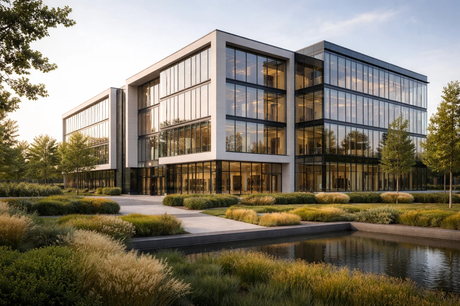 Modern commercieel gebouw in België in een zakelijke omgeving.