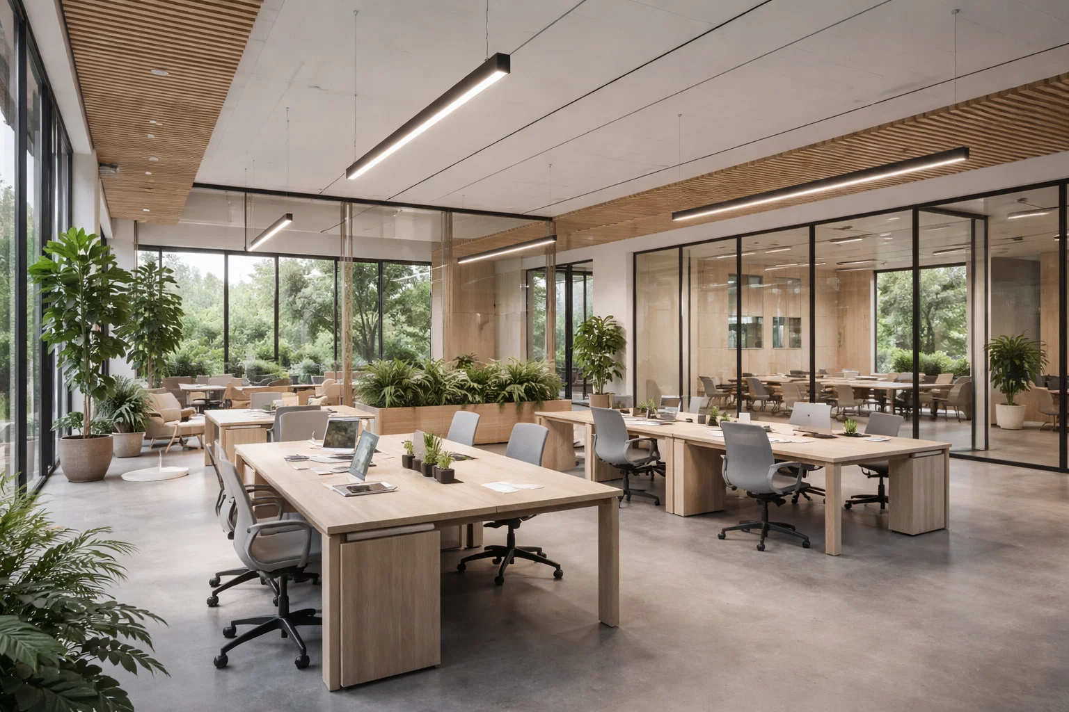 Modern flexibel kantoorinterieur in België met vergaderruimtes en daglicht