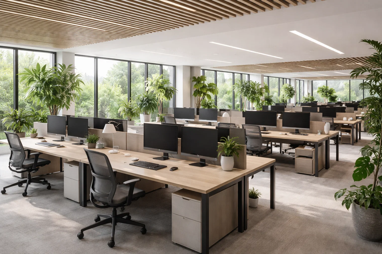 Moderne kantoorruimte met open werkplekken en veel daglicht.