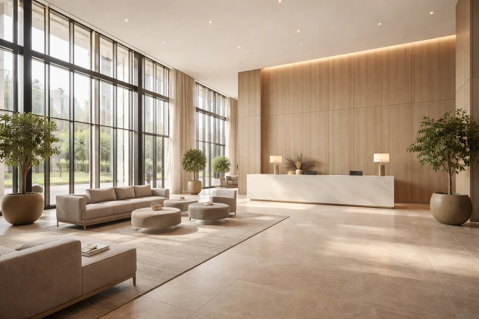 Moderne lobby van een Belgisch bedrijvencentrum met veel daglicht en strakke afwerking.