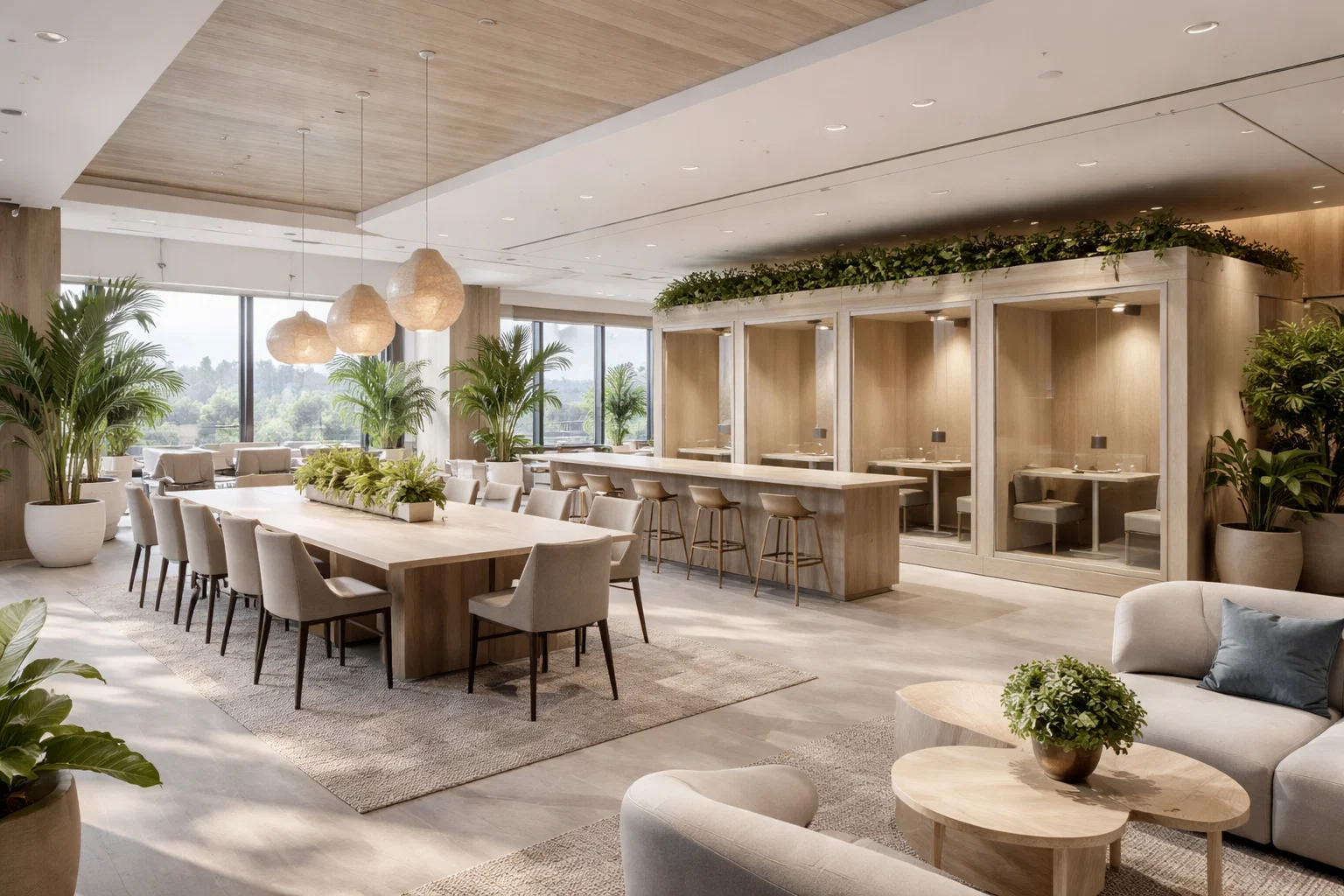 Flexibel kantoor met samenwerkzones en stille focusplekken in een moderne hub